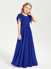 Robes de Demoiselle d'Honneur Junior avec Manches Flottantes en Dentelle Bleu Royale