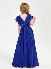 Robes de Demoiselle d'Honneur Junior avec Manches Flottantes en Dentelle Bleu Royale