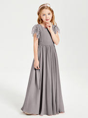 Robes de Demoiselle d'Honneur Junior avec Manches Flottantes en Dentelle Argent