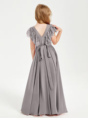 Robes de Demoiselle d'Honneur Junior avec Manches Flottantes en Dentelle Argent