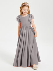 Robes de Demoiselle d'Honneur Junior avec Manches Flottantes en Dentelle Argent