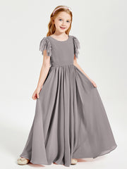 Robes de Demoiselle d'Honneur Junior avec Manches Flottantes en Dentelle Argent