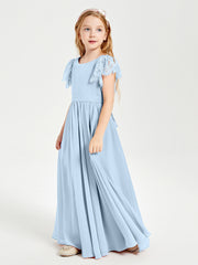 Robes de Demoiselle d'Honneur Junior avec Manches Flottantes en Dentelle Bleu Ciel