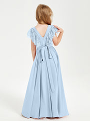 Robes de Demoiselle d'Honneur Junior avec Manches Flottantes en Dentelle Bleu Ciel