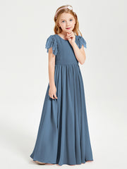 Robes de Demoiselle d'Honneur Junior avec Manches Flottantes en Dentelle Bleu de Schiste