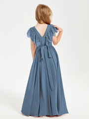 Robes de Demoiselle d'Honneur Junior avec Manches Flottantes en Dentelle Bleu de Schiste