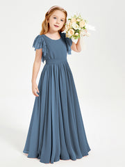 Robes de Demoiselle d'Honneur Junior avec Manches Flottantes en Dentelle Bleu de Schiste
