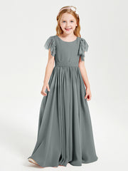 Robes de Demoiselle d'Honneur Junior avec Manches Flottantes en Dentelle Gris Acier