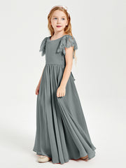 Robes de Demoiselle d'Honneur Junior avec Manches Flottantes en Dentelle Gris Acier