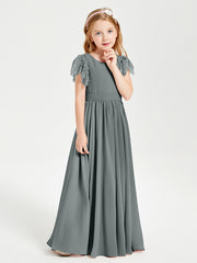 Robes de Demoiselle d'Honneur Junior avec Manches Flottantes en Dentelle Gris Acier