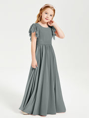 Robes de Demoiselle d'Honneur Junior avec Manches Flottantes en Dentelle Gris Acier
