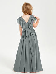 Robes de Demoiselle d'Honneur Junior avec Manches Flottantes en Dentelle Gris Acier