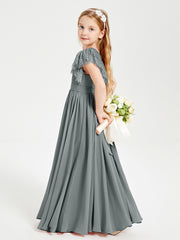 Robes de Demoiselle d'Honneur Junior avec Manches Flottantes en Dentelle Gris Acier