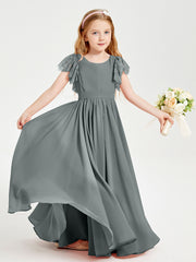 Robes de Demoiselle d'Honneur Junior avec Manches Flottantes en Dentelle Gris Acier