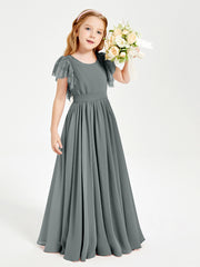 Robes de Demoiselle d'Honneur Junior avec Manches Flottantes en Dentelle Gris Acier