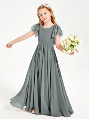 Robes de Demoiselle d'Honneur Junior avec Manches Flottantes en Dentelle Gris Acier
