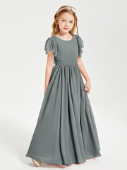 Robes de Demoiselle d'Honneur Junior avec Manches Flottantes en Dentelle Gris Acier