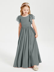 Robes de Demoiselle d'Honneur Junior avec Manches Flottantes en Dentelle Gris Acier