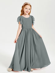 Robes de Demoiselle d'Honneur Junior avec Manches Flottantes en Dentelle Gris Acier