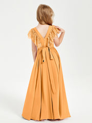 Robes de Demoiselle d'Honneur Junior avec Manches Flottantes en Dentelle Mandarine