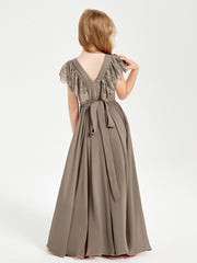 Robes de Demoiselle d'Honneur Junior avec Manches Flottantes en Dentelle Taupe