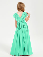 Robes de Demoiselle d'Honneur Junior avec Manches Flottantes en Dentelle Turquoise