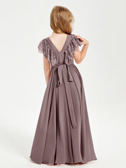 Robes de Demoiselle d'Honneur Junior avec Manches Flottantes en Dentelle Vintage Mauve