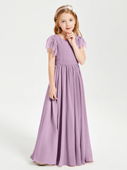 Robes de Demoiselle d'Honneur Junior avec Manches Flottantes en Dentelle Glycine