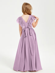 Robes de Demoiselle d'Honneur Junior avec Manches Flottantes en Dentelle Glycine
