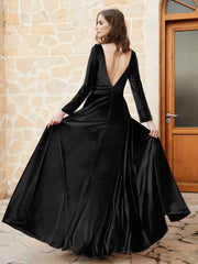 Robe en Velours à Manches Longues et Col en V Plongeant Noir Grande Taille