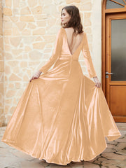 Robe en Velours à Manches Longues et Col en V Plongeant Champagne