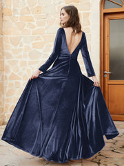Robe en Velours à Manches Longues et Col en V Plongeant Bleu Marine Grande Taille