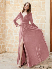 Robe en Velours à Manches Longues et Col en V Plongeant Rose Poudré