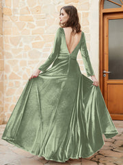 Robe en Velours à Manches Longues et Col en V Plongeant Sauge Poudrée