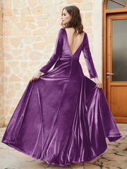 Robe en Velours à Manches Longues et Col en V Plongeant Raisin