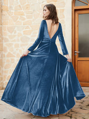 Robe en Velours à Manches Longues et Col en V Plongeant Bleu Encre