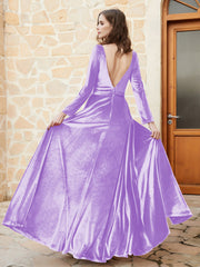 Robe en Velours à Manches Longues et Col en V Plongeant Lilas Grande Taille