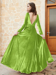 Robe en Velours à Manches Longues et Col en V Plongeant Vert Citron Grande Taille