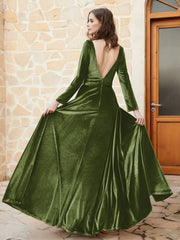 Robe en Velours à Manches Longues et Col en V Plongeant Olive Verte Grande Taille