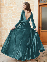 Robe en Velours à Manches Longues et Col en V Plongeant Paon