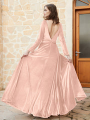 Robe en Velours à Manches Longues et Col en V Plongeant Rose Perle Grande Taille
