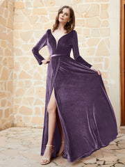 Robe en Velours à Manches Longues et Col en V Plongeant Plum Grande Taille