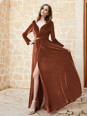 Robe en Velours à Manches Longues et Col en V Plongeant Rouille Grande Taille