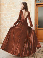 Robe en Velours à Manches Longues et Col en V Plongeant Rouille