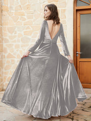 Robe en Velours à Manches Longues et Col en V Plongeant Argent Grande Taille