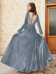 Robe en Velours à Manches Longues et Col en V Plongeant Bleu de Schiste Grande Taille