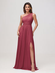 Robe A-ligne en Mousseline Froncée à Une Épaule Sans Manches Cannelle Rose