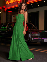 Robe de A-ligne à Col Carré en Jersey Longueur au Sol Vert