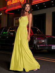 Robe de A-ligne à Col Carré en Jersey Longueur au Sol Citron