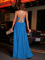 Robe de A-ligne à Col Carré en Jersey Longueur au Sol Bleu Océan